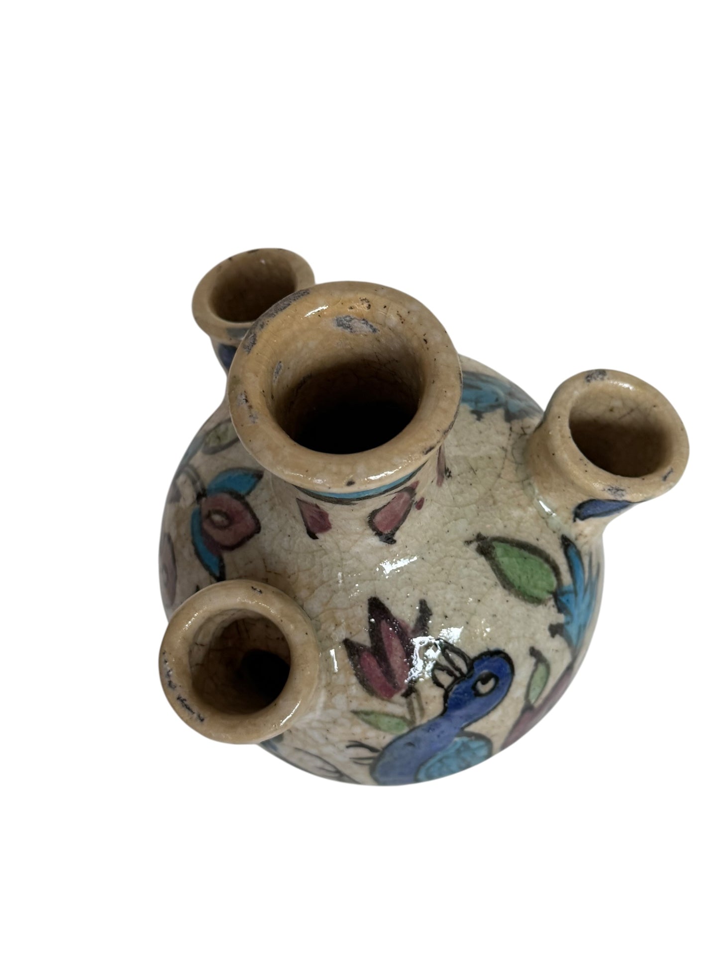 19th Century Qajar Four-Spout Tulip Vase – Polychrome Bird & Floral Pottery, middle east ceramic faience.