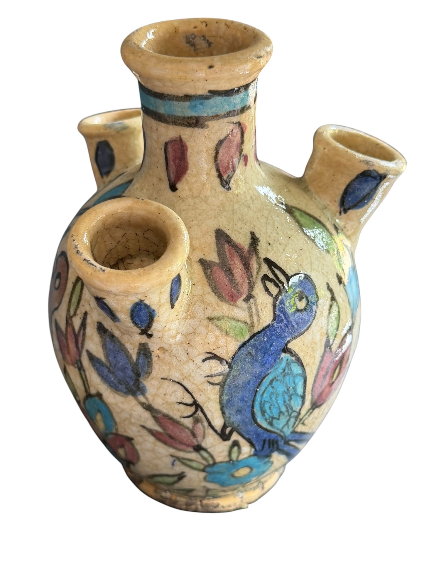 19th Century Qajar Four-Spout Tulip Vase – Polychrome Bird & Floral Pottery, middle east ceramic faience.