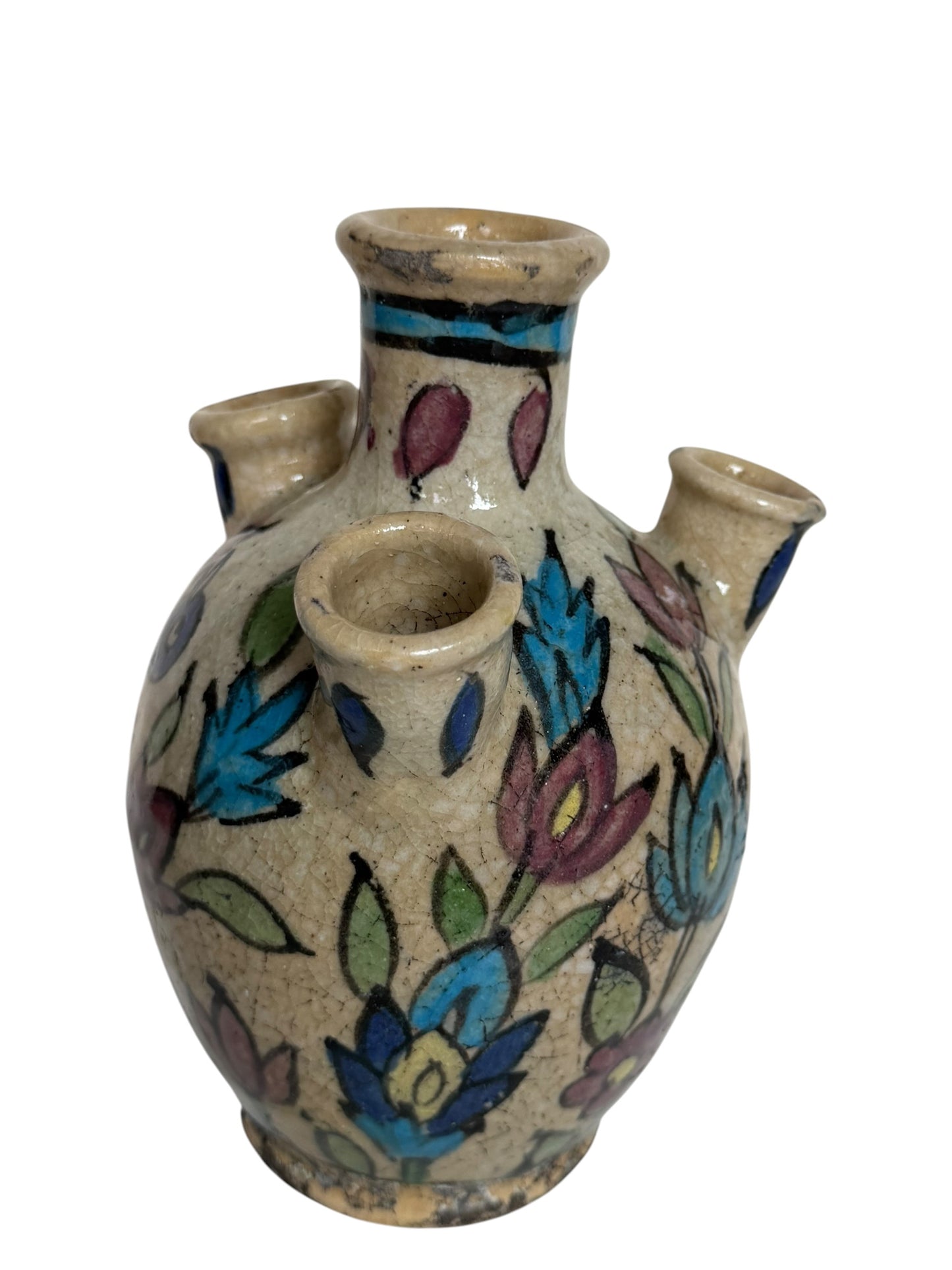 19th Century Qajar Four-Spout Tulip Vase – Polychrome Bird & Floral Pottery, middle east ceramic faience.