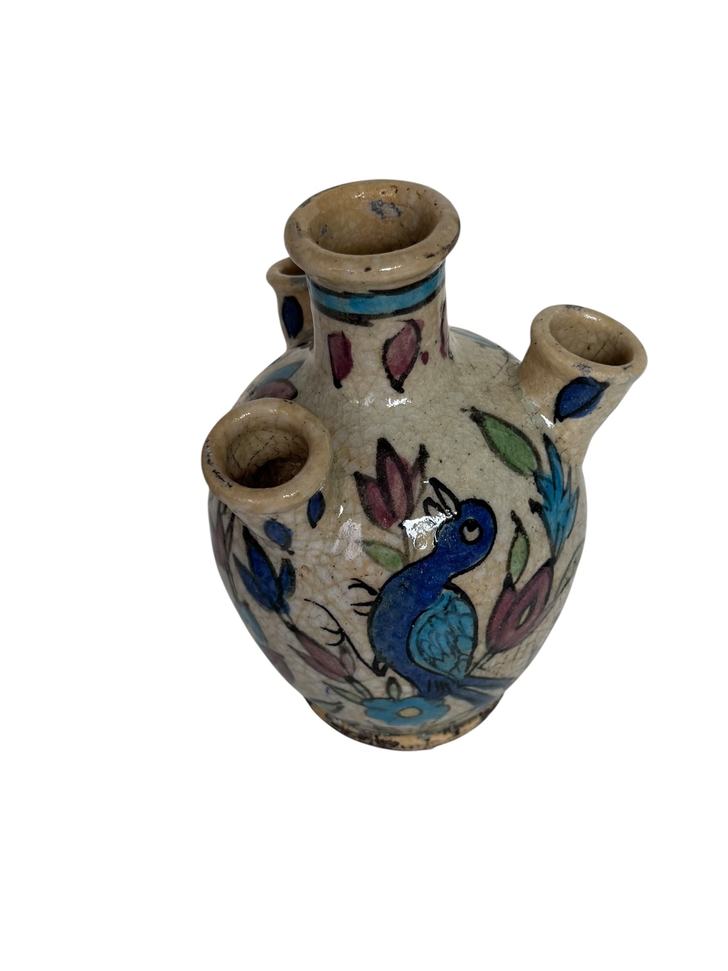 19th Century Qajar Four-Spout Tulip Vase – Polychrome Bird & Floral Pottery, middle east ceramic faience.