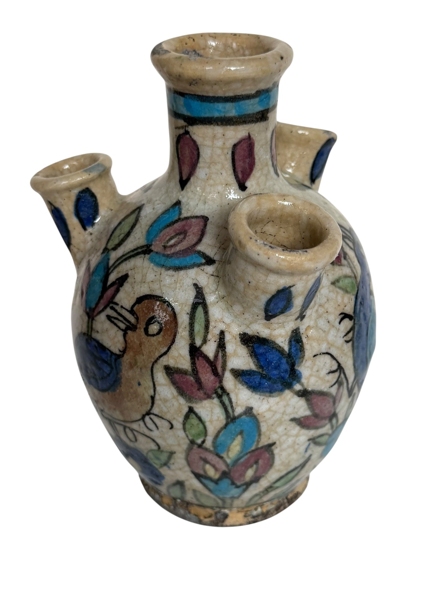 19th Century Qajar Four-Spout Tulip Vase – Polychrome Bird & Floral Pottery, middle east ceramic faience.
