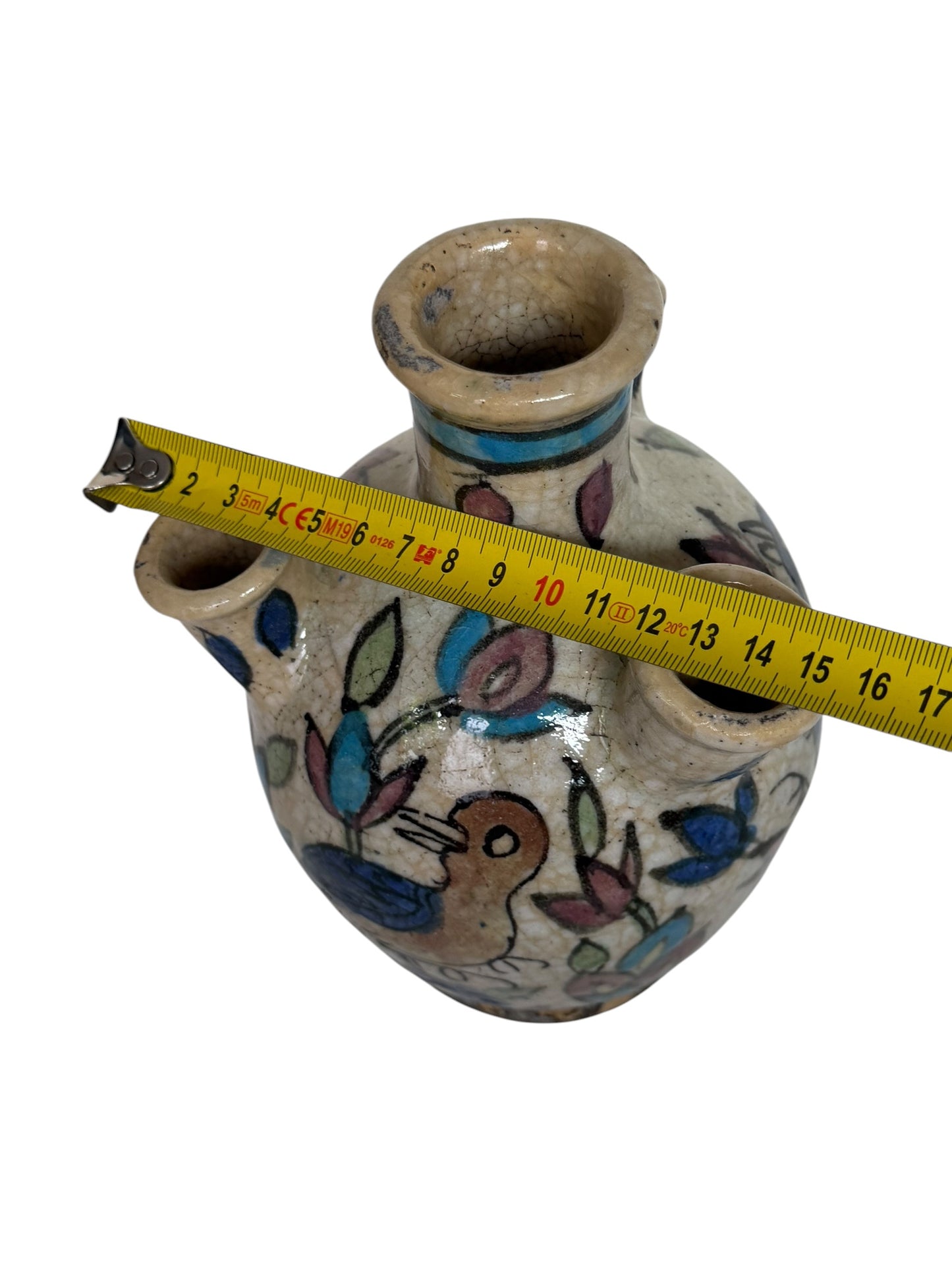 19th Century Qajar Four-Spout Tulip Vase – Polychrome Bird & Floral Pottery, middle east ceramic faience.