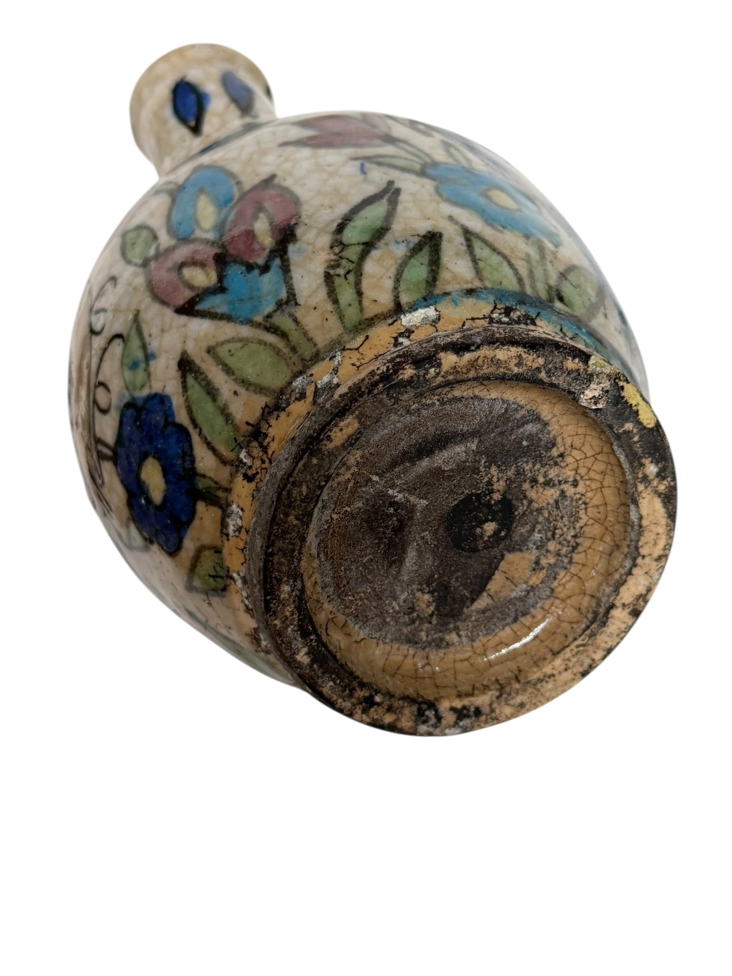 19th Century Qajar Four-Spout Tulip Vase – Polychrome Bird & Floral Pottery, middle east ceramic faience.