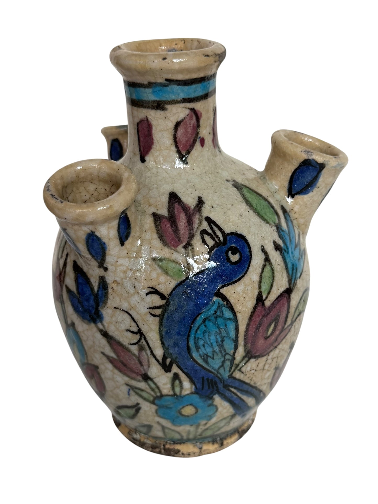 19th Century Qajar Four-Spout Tulip Vase – Polychrome Bird & Floral Pottery, middle east ceramic faience.