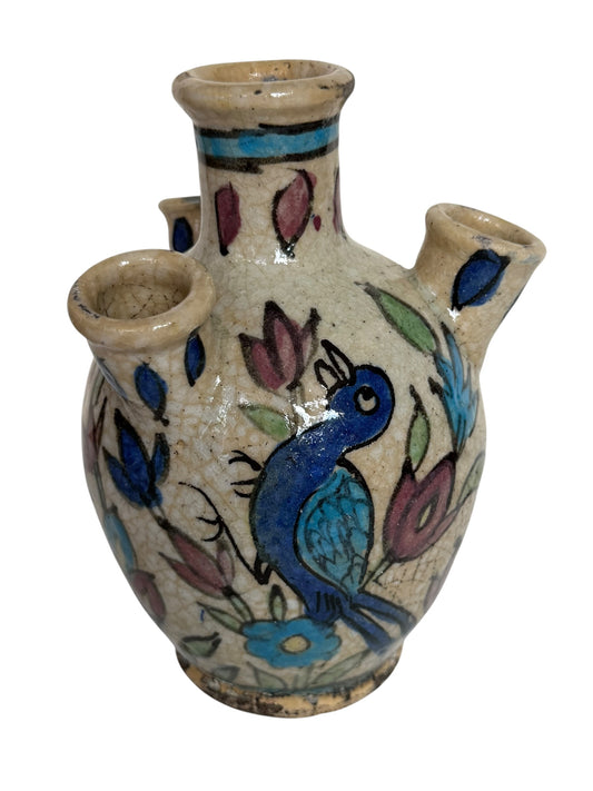 19th Century Qajar Four-Spout Tulip Vase – Polychrome Bird & Floral Pottery, middle east ceramic faience.