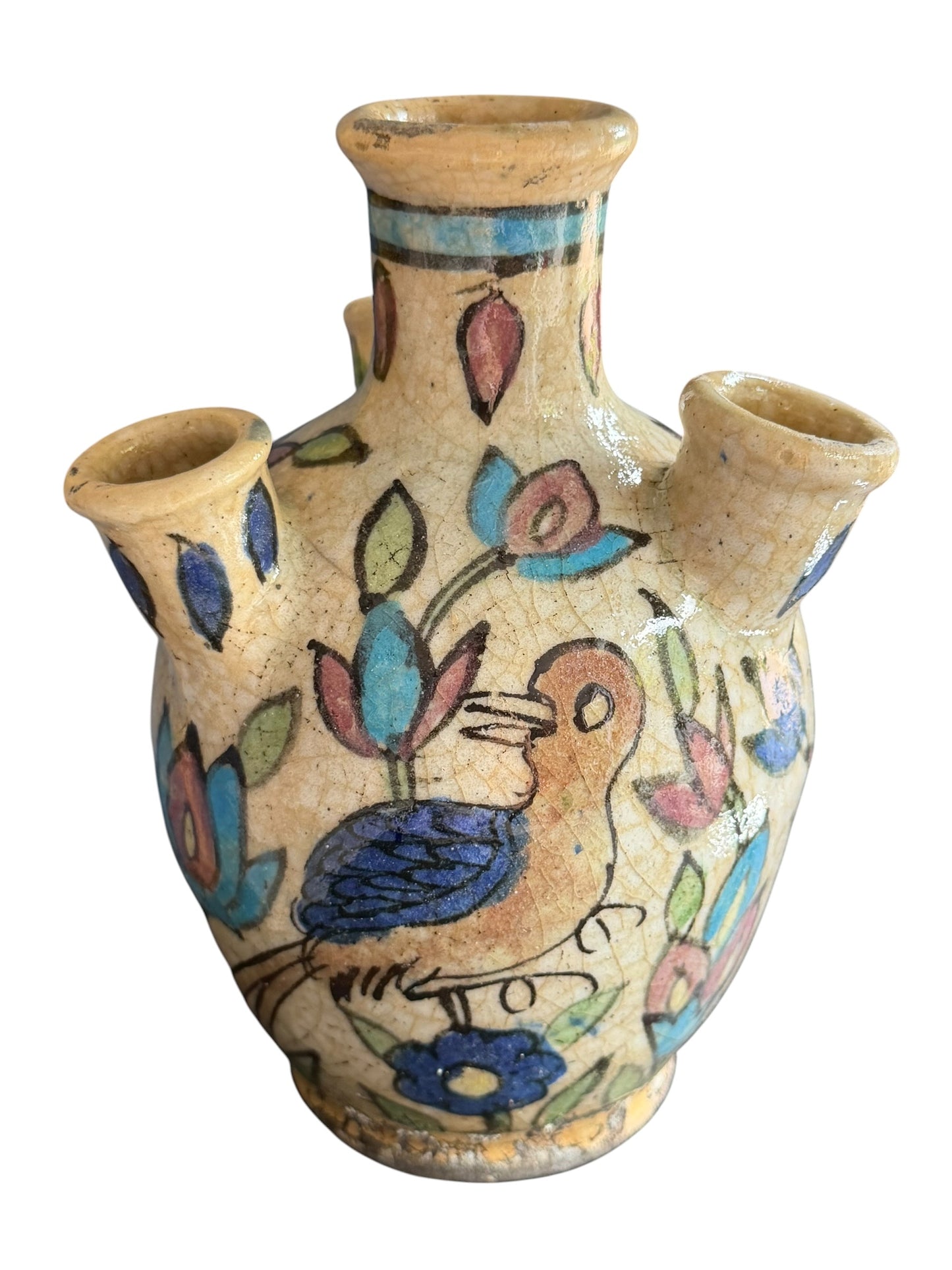 19th Century Qajar Four-Spout Tulip Vase – Polychrome Bird & Floral Pottery, middle east ceramic faience.