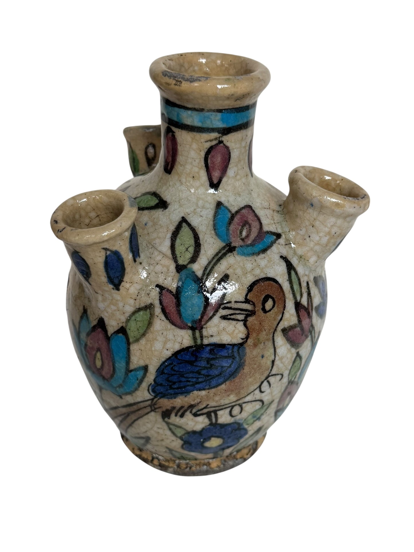 19th Century Qajar Four-Spout Tulip Vase – Polychrome Bird & Floral Pottery, middle east ceramic faience.