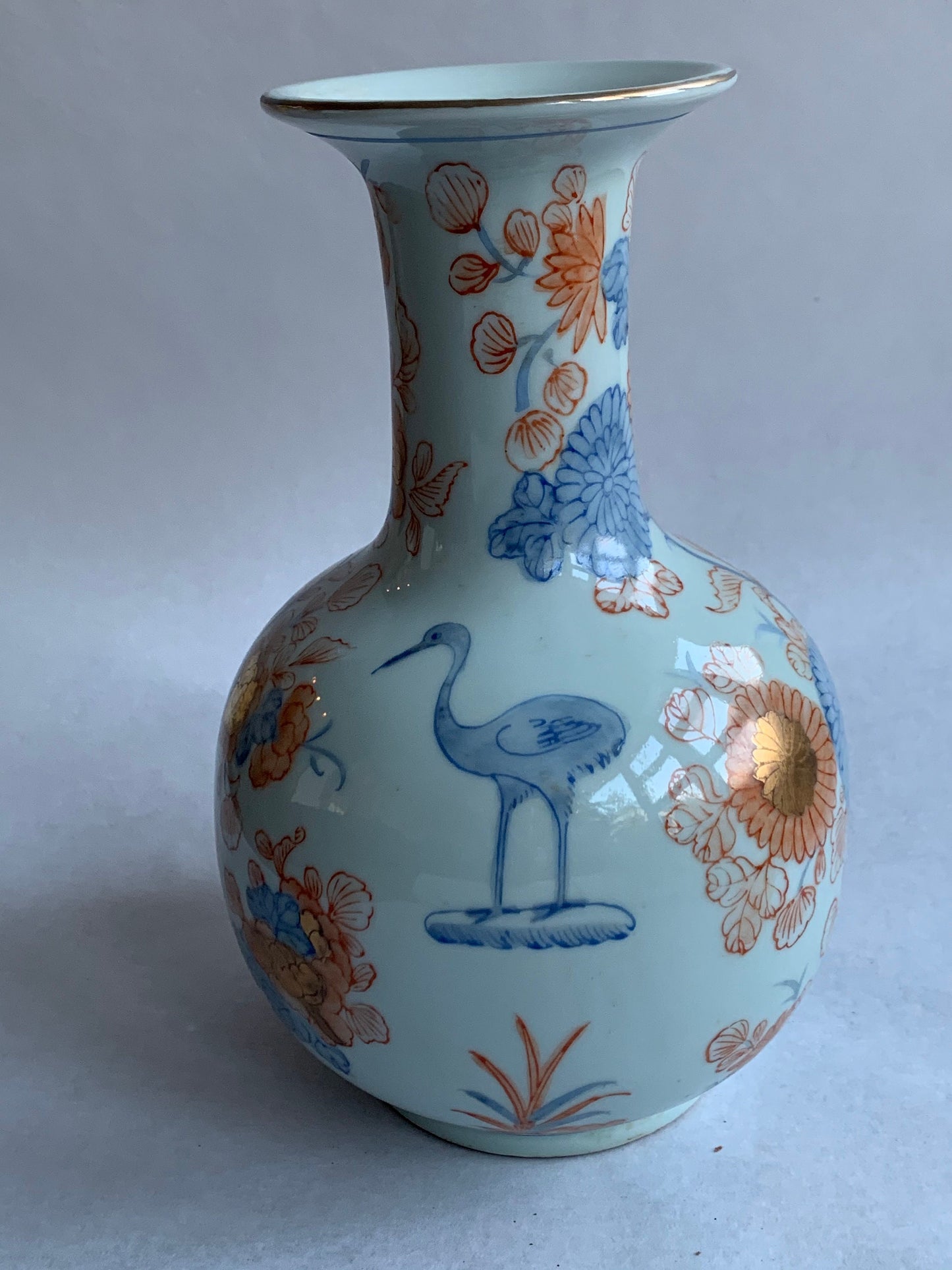 Antique Imari Vase, Japanese Iron Red, Blue Floral & Bird Decor, 19th Century