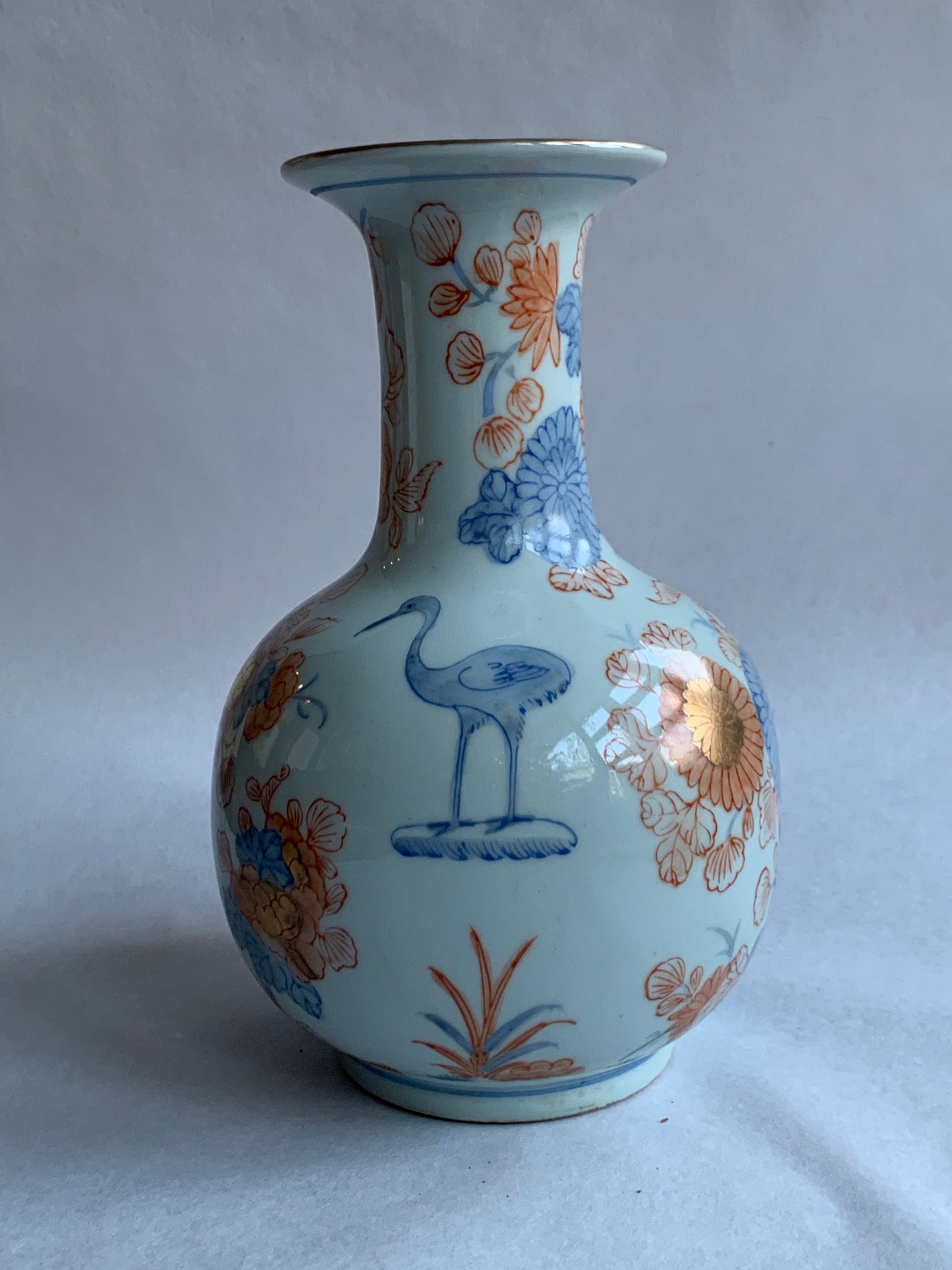 Antique Imari Vase, Japanese Iron Red, Blue Floral & Bird Decor, 19th Century
