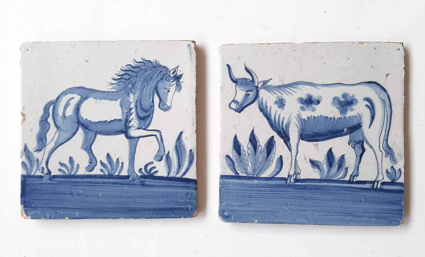 Antique Delft Tiles (Pair) | Dutch set Horse & Cow Majolica, 1750, 18th, rare