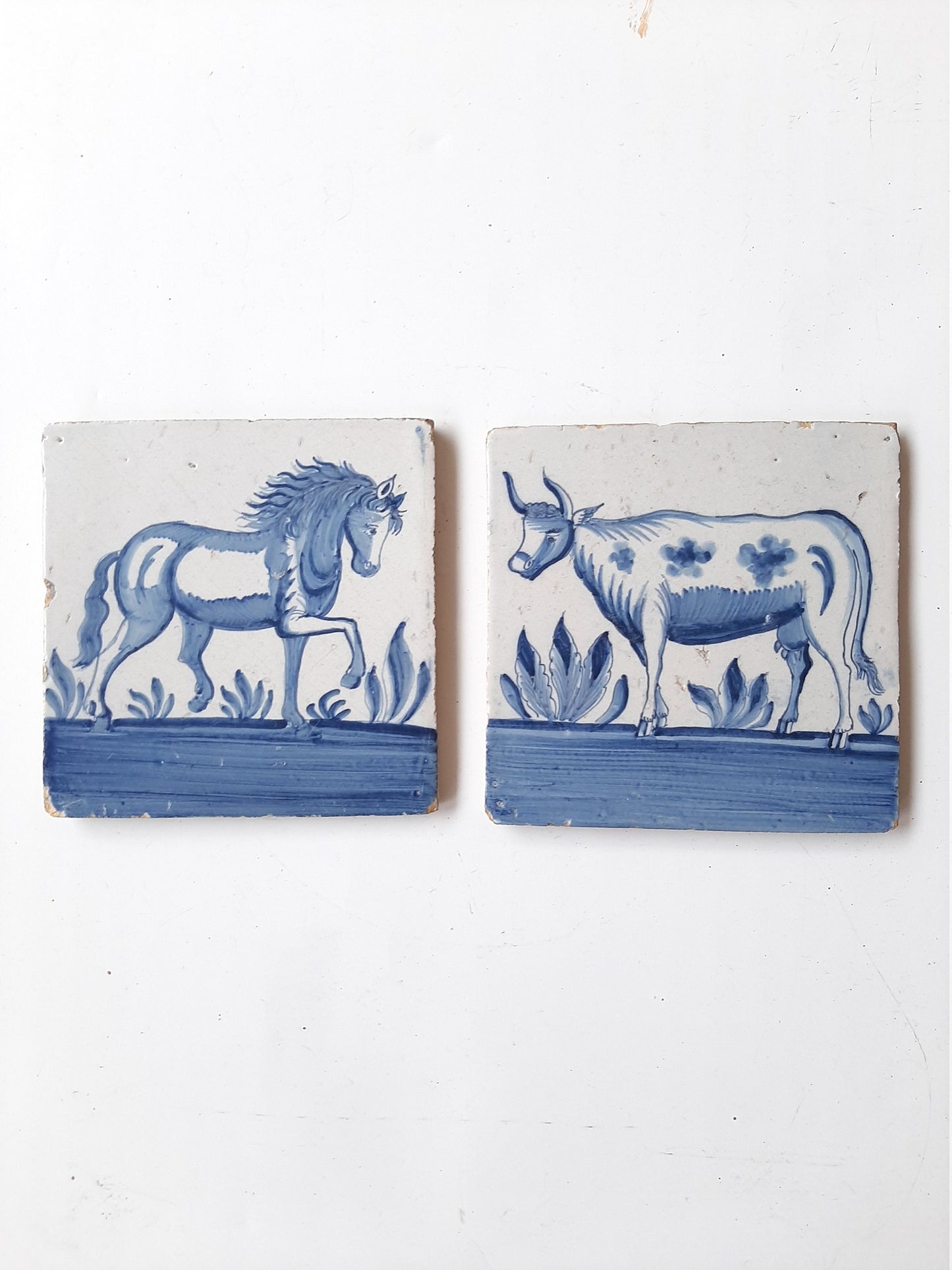 Antique Delft Tiles (Pair) | Dutch set Horse & Cow Majolica, 1750, 18th, rare