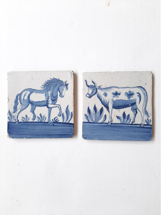Antique Delft Tiles (Pair) | Dutch set Horse & Cow Majolica, 1750, 18th, rare