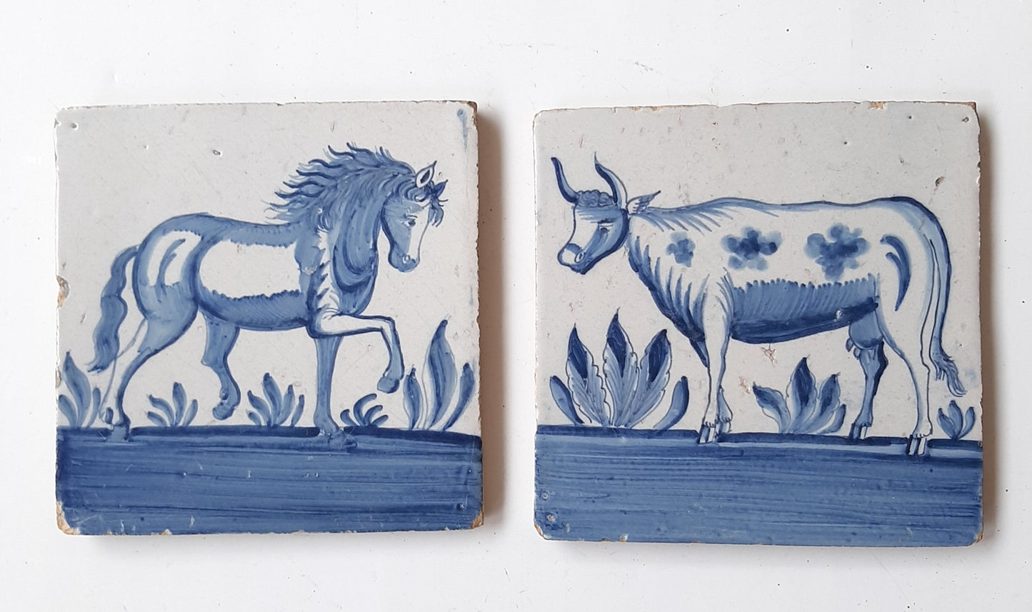 Antique Delft Tiles (Pair) | Dutch set Horse & Cow Majolica, 1750, 18th, rare