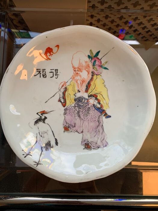Antique Chinese Republic Pottery Dish Set, Wise Man with Peach & Crane
