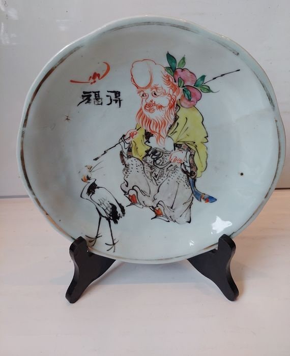Antique Chinese Republic Pottery Dish Set, Wise Man with Peach & Crane