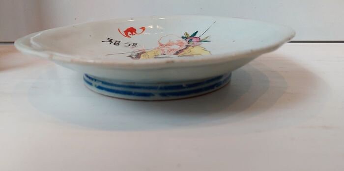 Antique Chinese Republic Pottery Dish Set, Wise Man with Peach & Crane