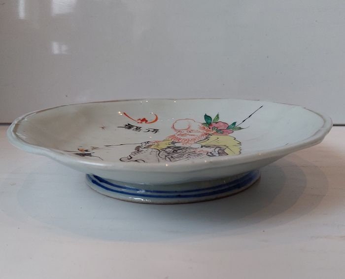 Antique Chinese Republic Pottery Dish Set, Wise Man with Peach & Crane