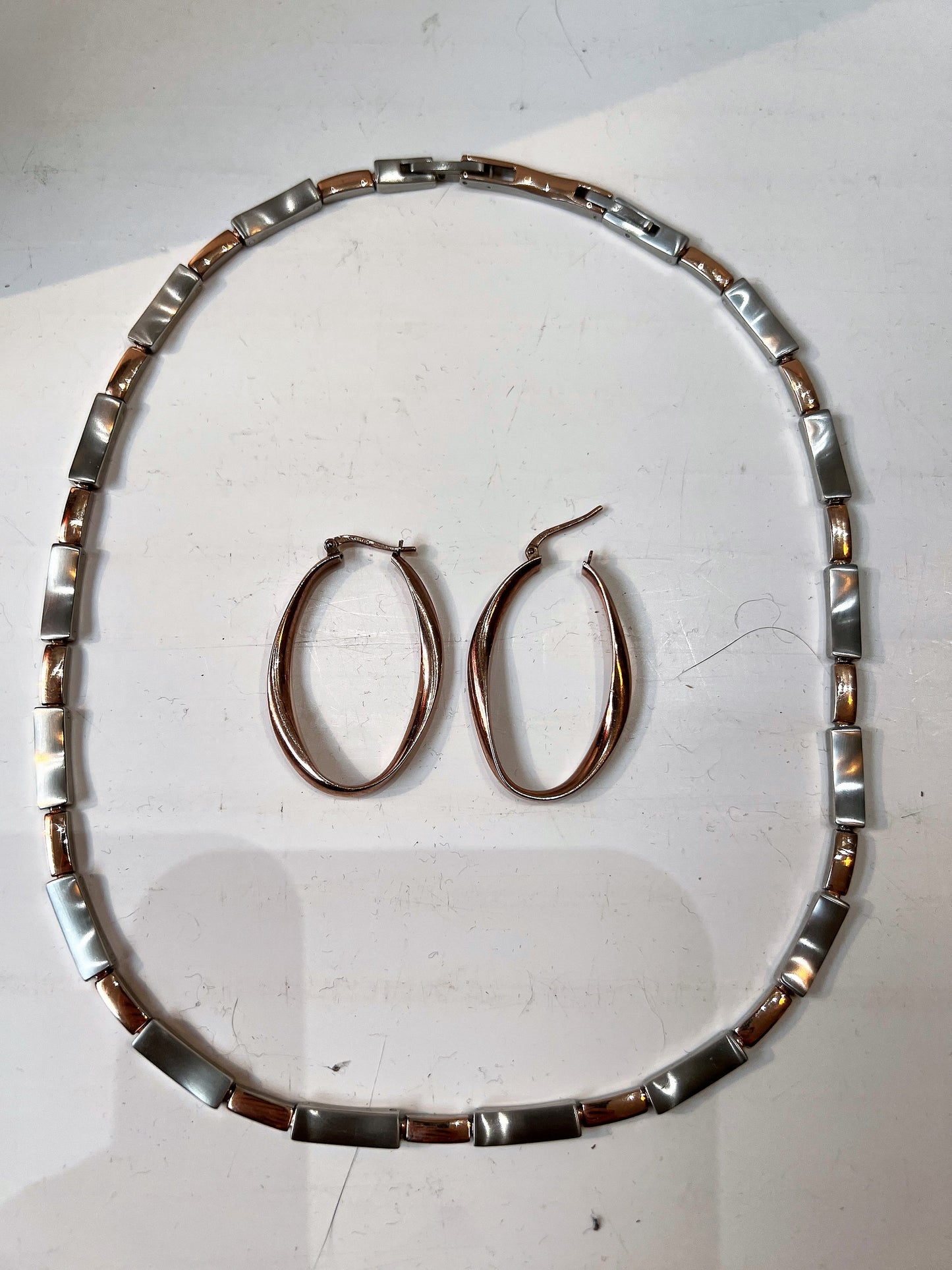 Minimalist Steel Jewelry Set: Rose Gold Earrings, Silver Necklace