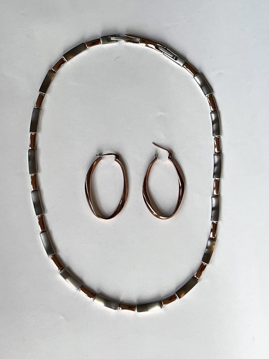 Minimalist Steel Jewelry Set: Rose Gold Earrings, Silver Necklace