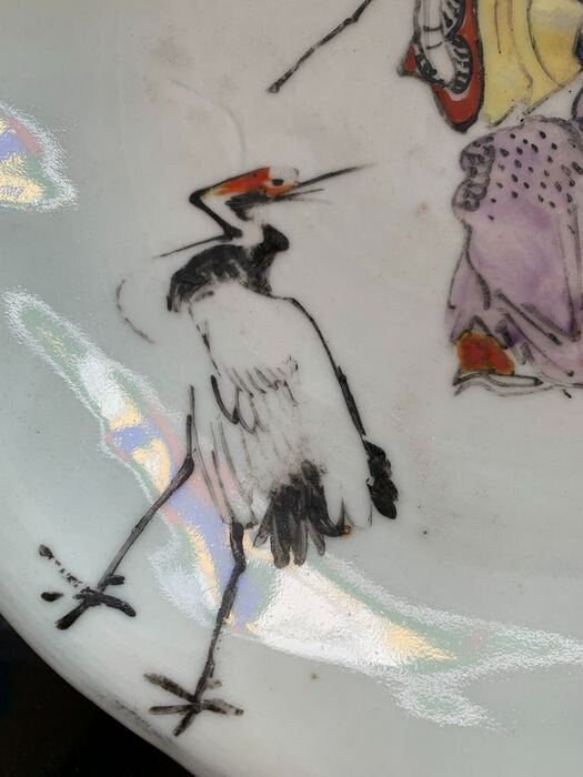 Antique Chinese Republic Pottery Dish Set, Wise Man with Peach & Crane