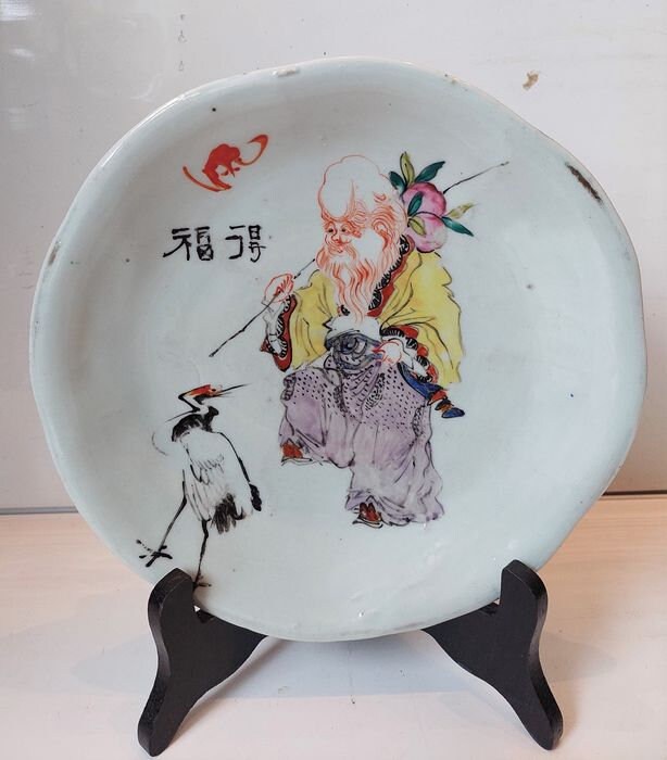 Antique Chinese Republic Pottery Dish Set, Wise Man with Peach & Crane