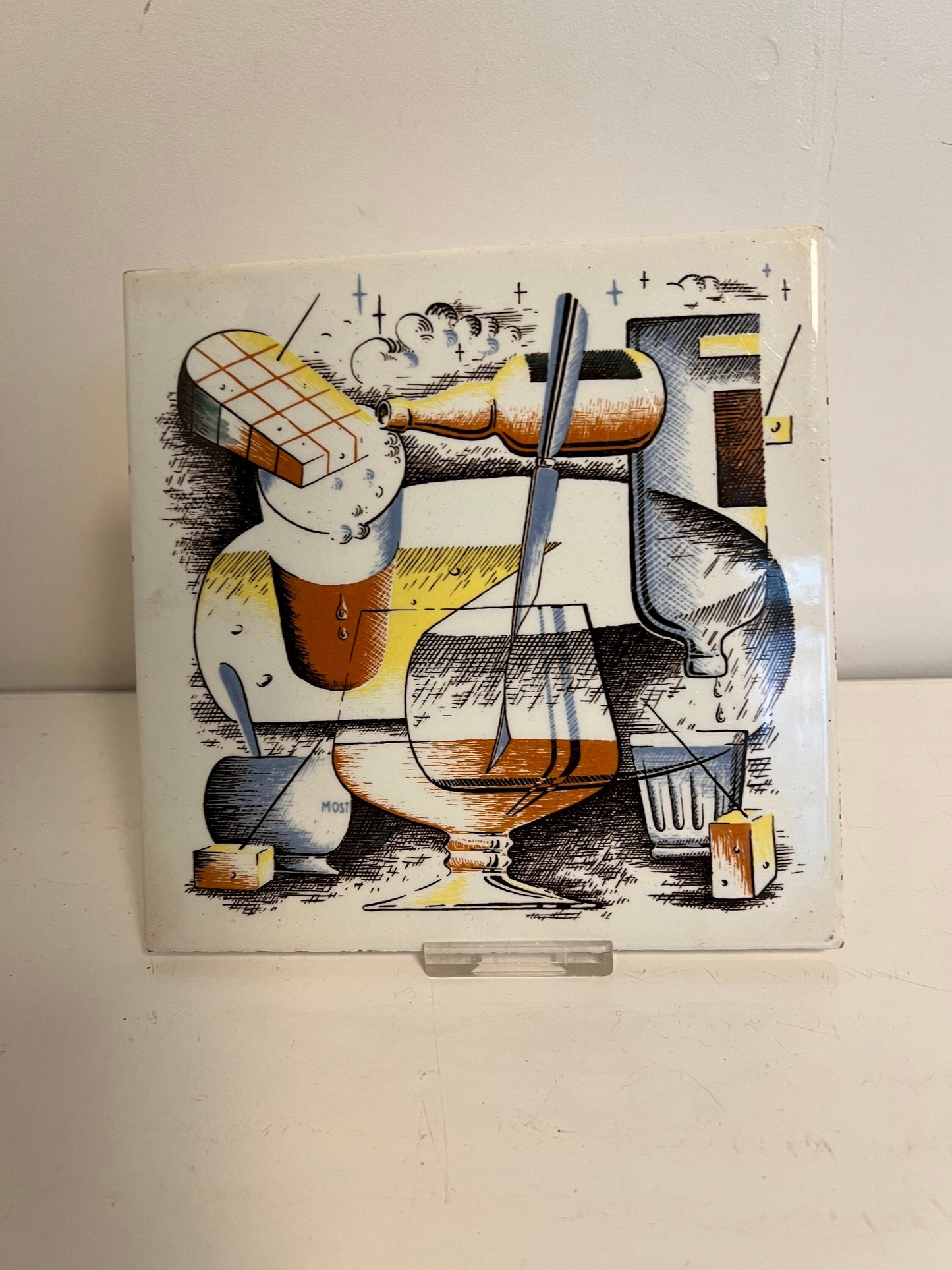 Vintage Belgian Art Tile – Cubist Surrealist Ceramic, 1970s Design