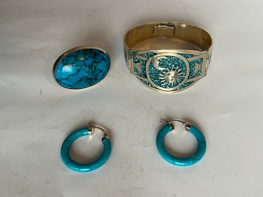 Turquoise Sterling Silver Jewelry Set: Bracelet, Ring, Earrings