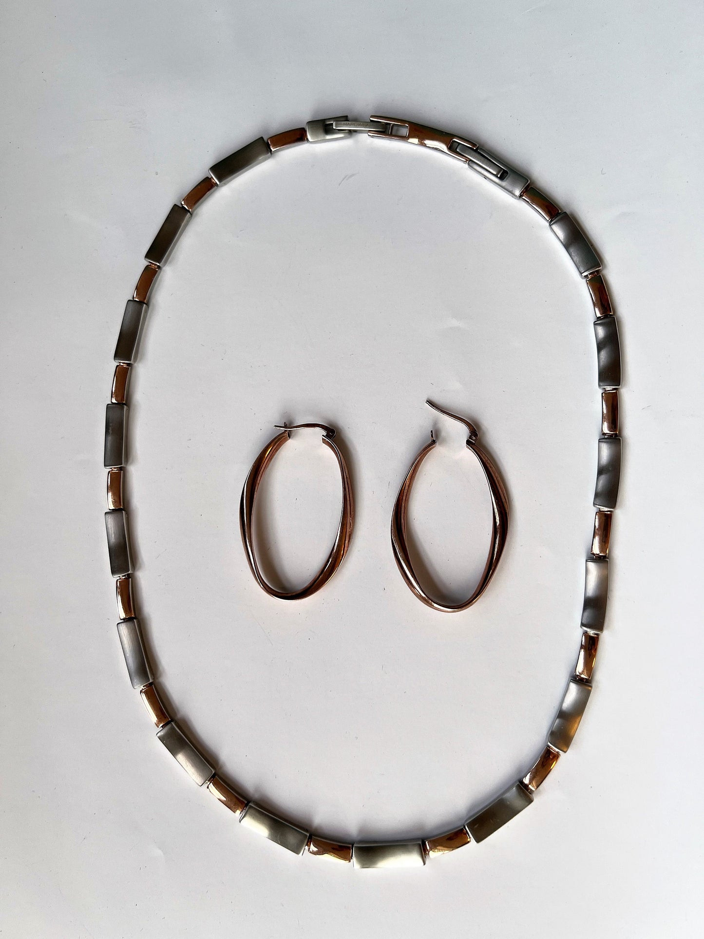Minimalist Steel Jewelry Set: Rose Gold Earrings, Silver Necklace