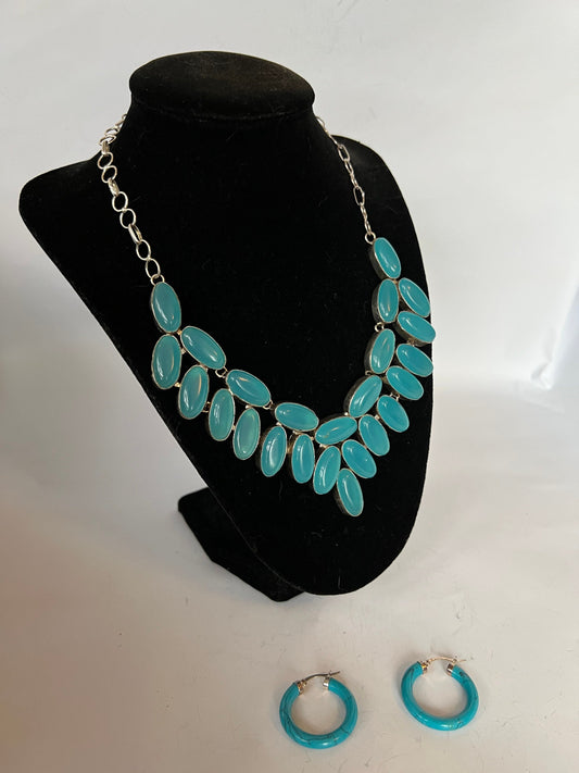 Turquoise Jewelry Set: Sterling Silver Necklace & Earrings, Boho Beach