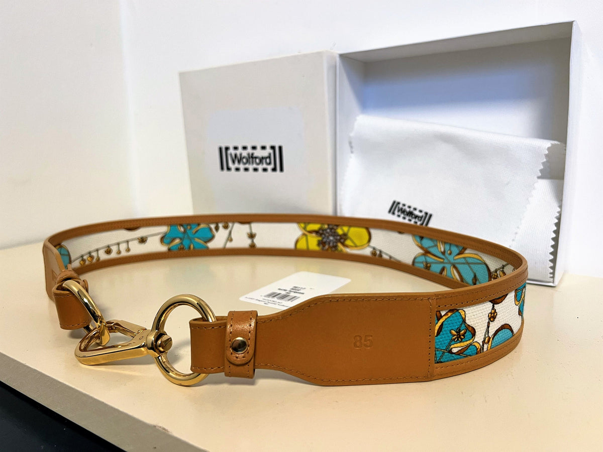 Wolford Designer Belt, Lucky Turquoise, Multicolor Leather Band, Size 85