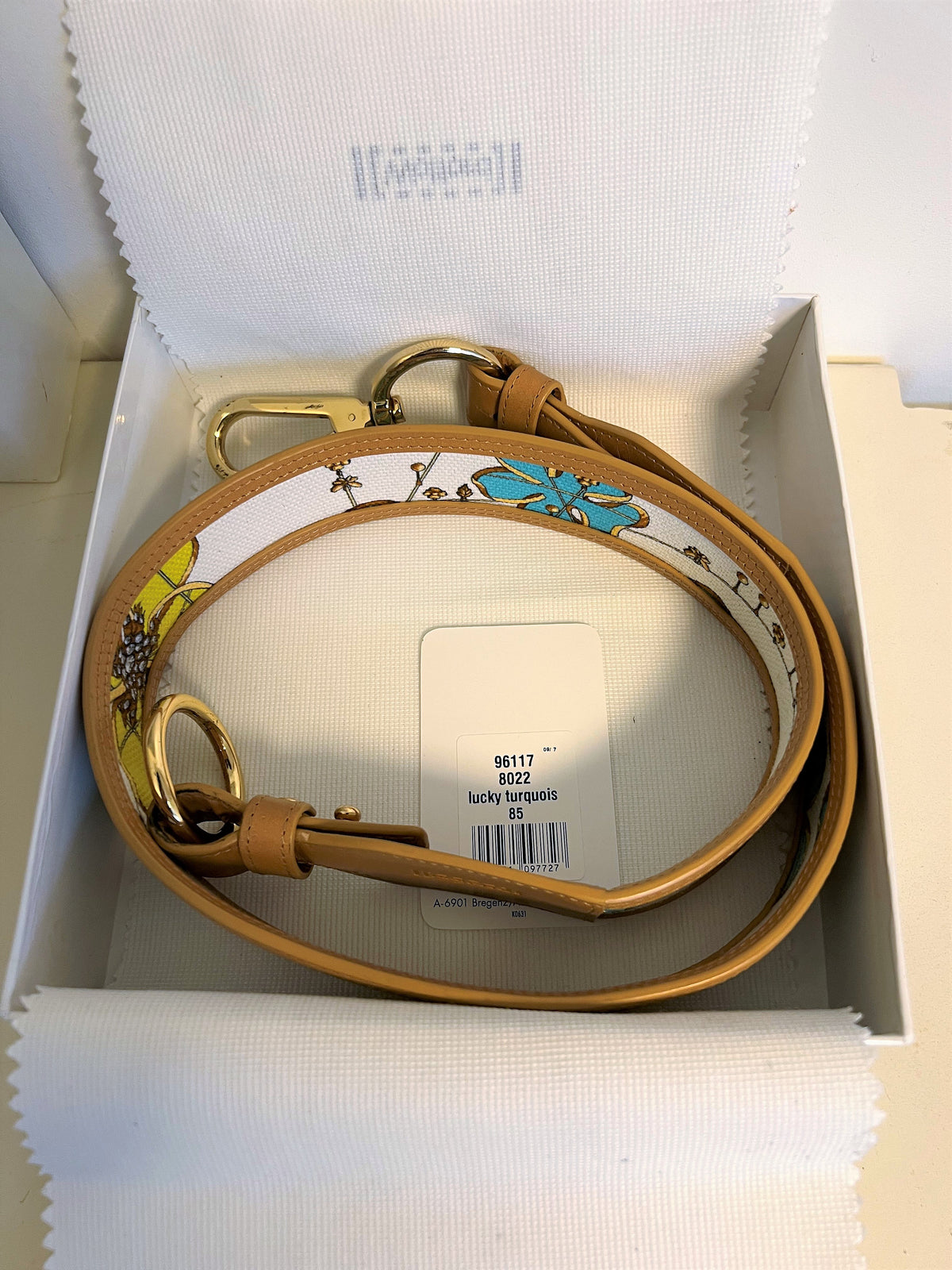 Wolford Designer Belt, Lucky Turquoise, Multicolor Leather Band, Size 85