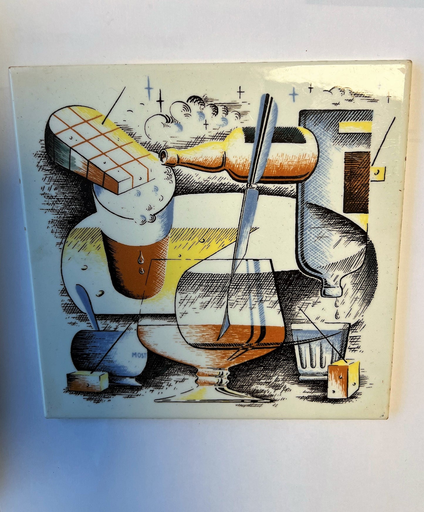 Vintage Belgian Art Tile – Cubist Surrealist Ceramic, 1970s Design