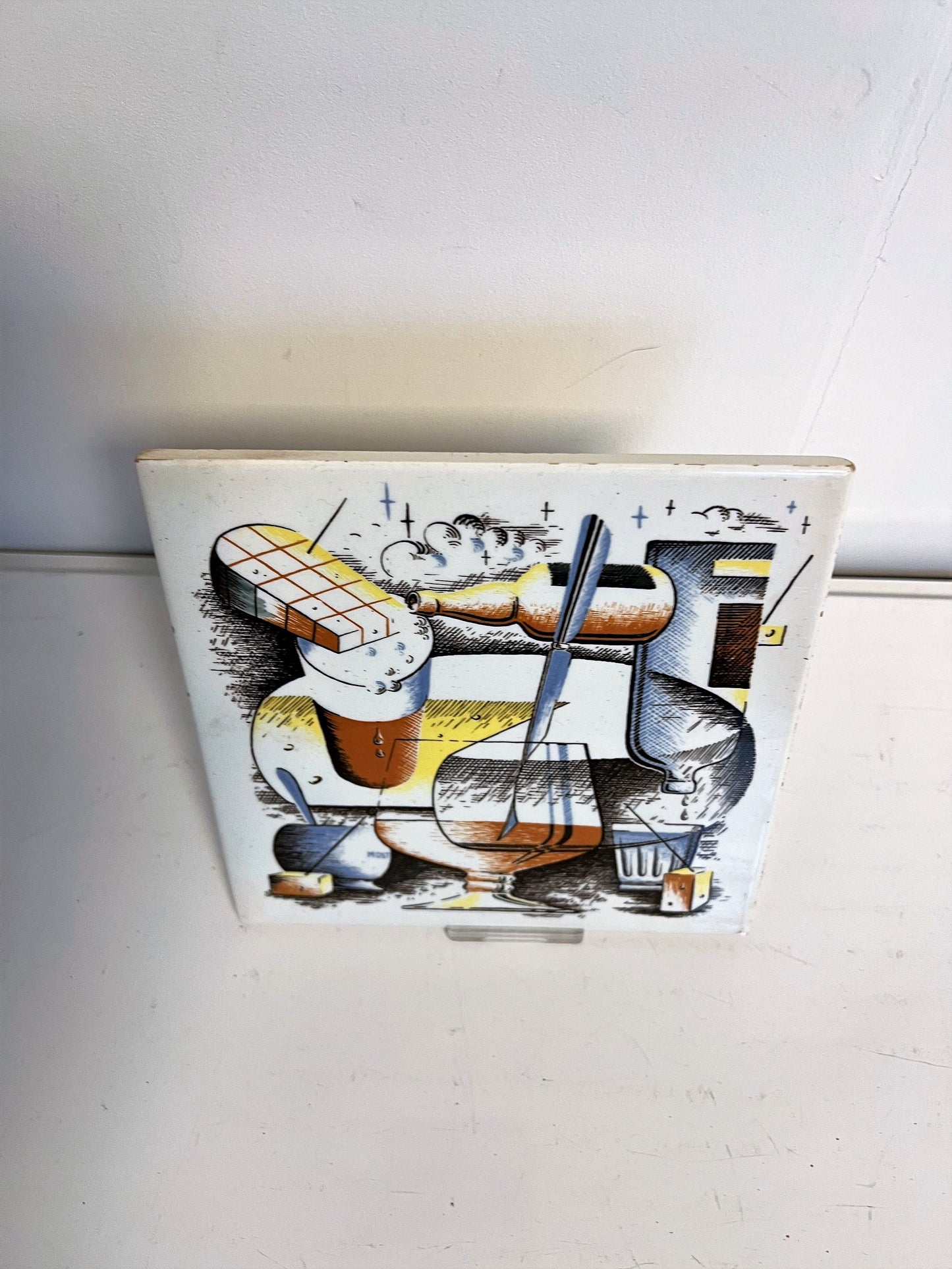 Vintage Belgian Art Tile – Cubist Surrealist Ceramic, 1970s Design