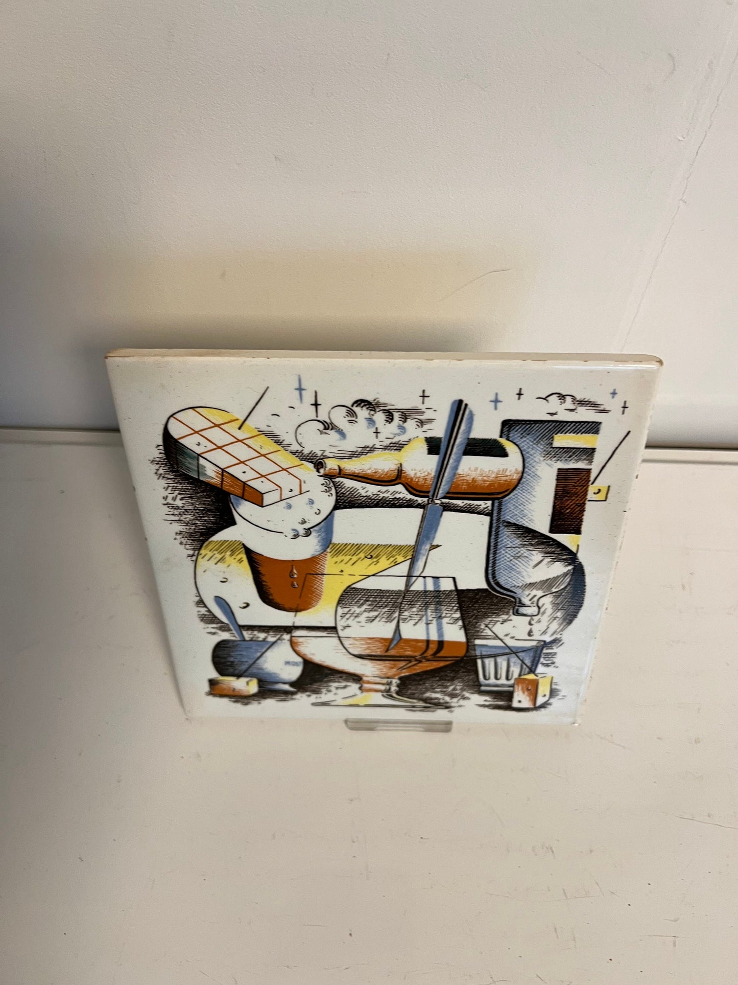 Vintage Belgian Art Tile – Cubist Surrealist Ceramic, 1970s Design