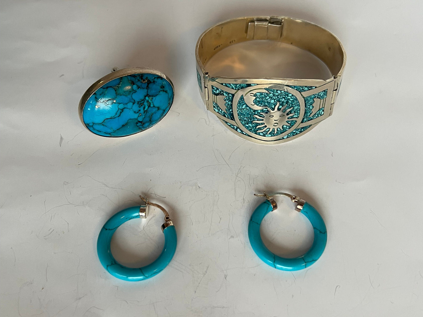 Turquoise Sterling Silver Jewelry Set: Bracelet, Ring, Earrings