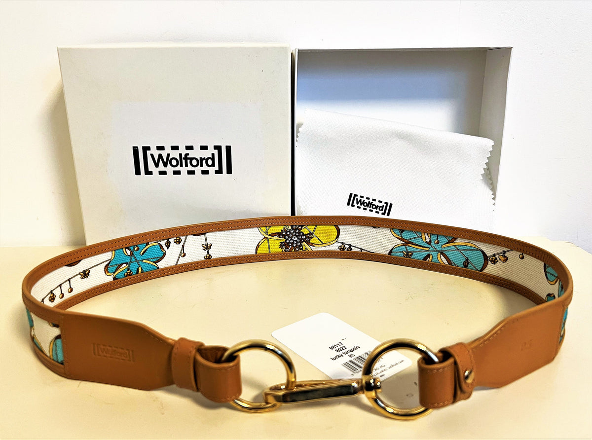 Wolford Designer Belt, Lucky Turquoise, Multicolor Leather Band, Size 85