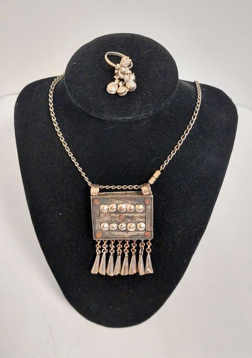 Antique Silver Tribal Necklace with Bird Ring & Bells