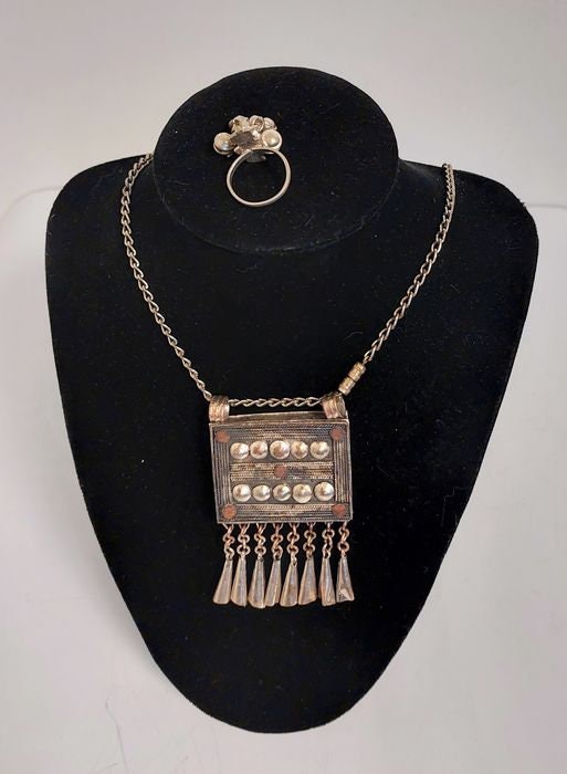 Antique Silver Tribal Necklace with Bird Ring & Bells