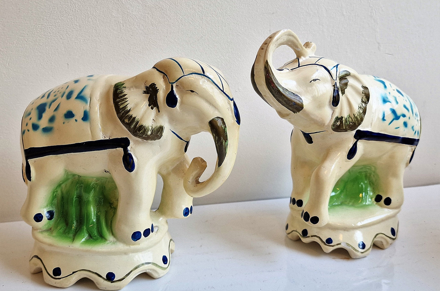 Antique Delft Handpainted Ceramic Elephant Figurines, Dutch Polychrome Pair