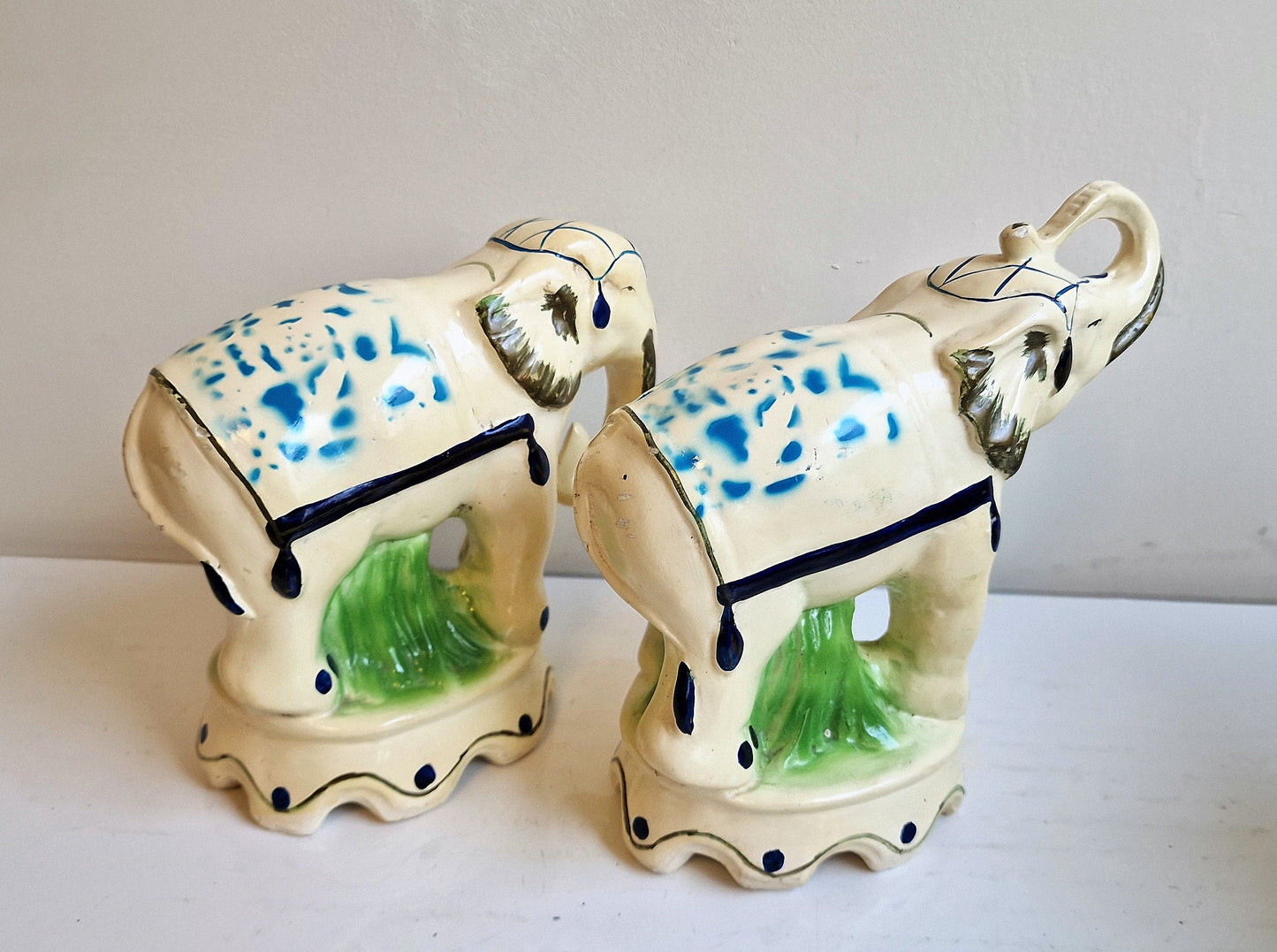 Antique Delft Handpainted Ceramic Elephant Figurines, Dutch Polychrome Pair