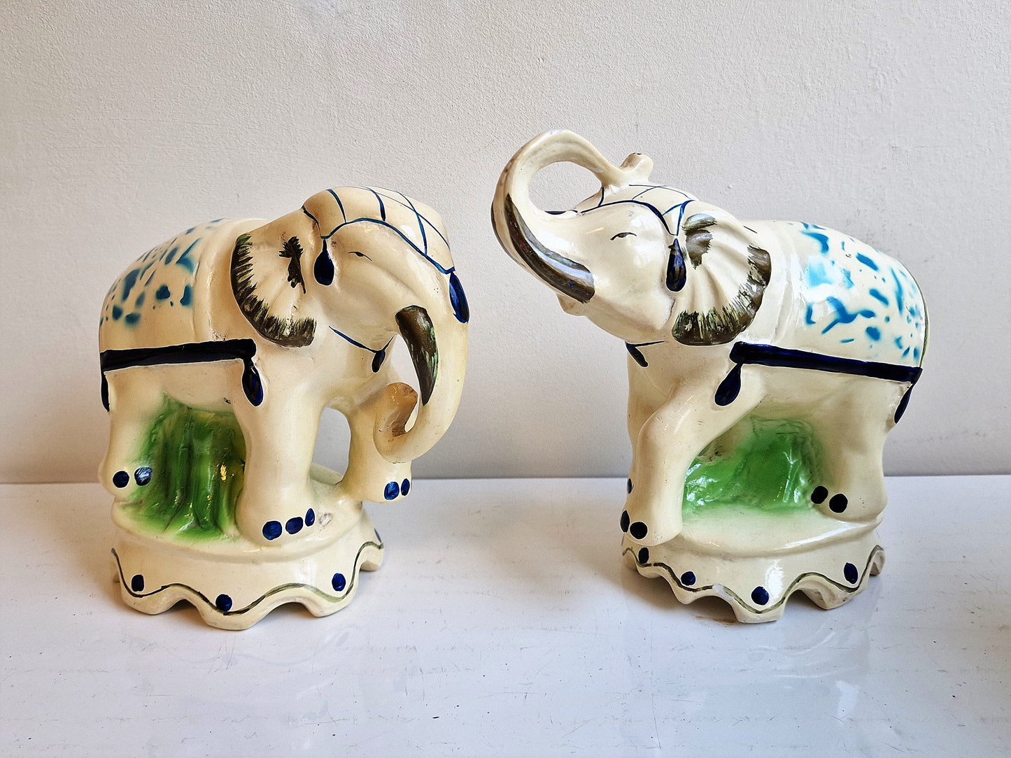 Antique Delft Handpainted Ceramic Elephant Figurines, Dutch Polychrome Pair