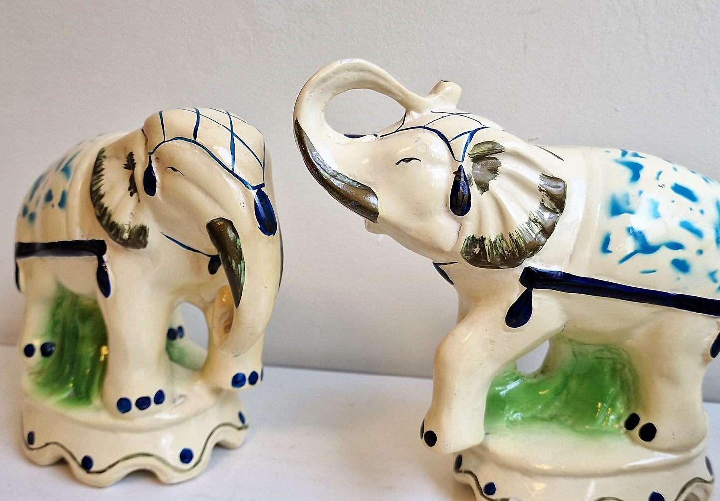 Antique Delft Handpainted Ceramic Elephant Figurines, Dutch Polychrome Pair