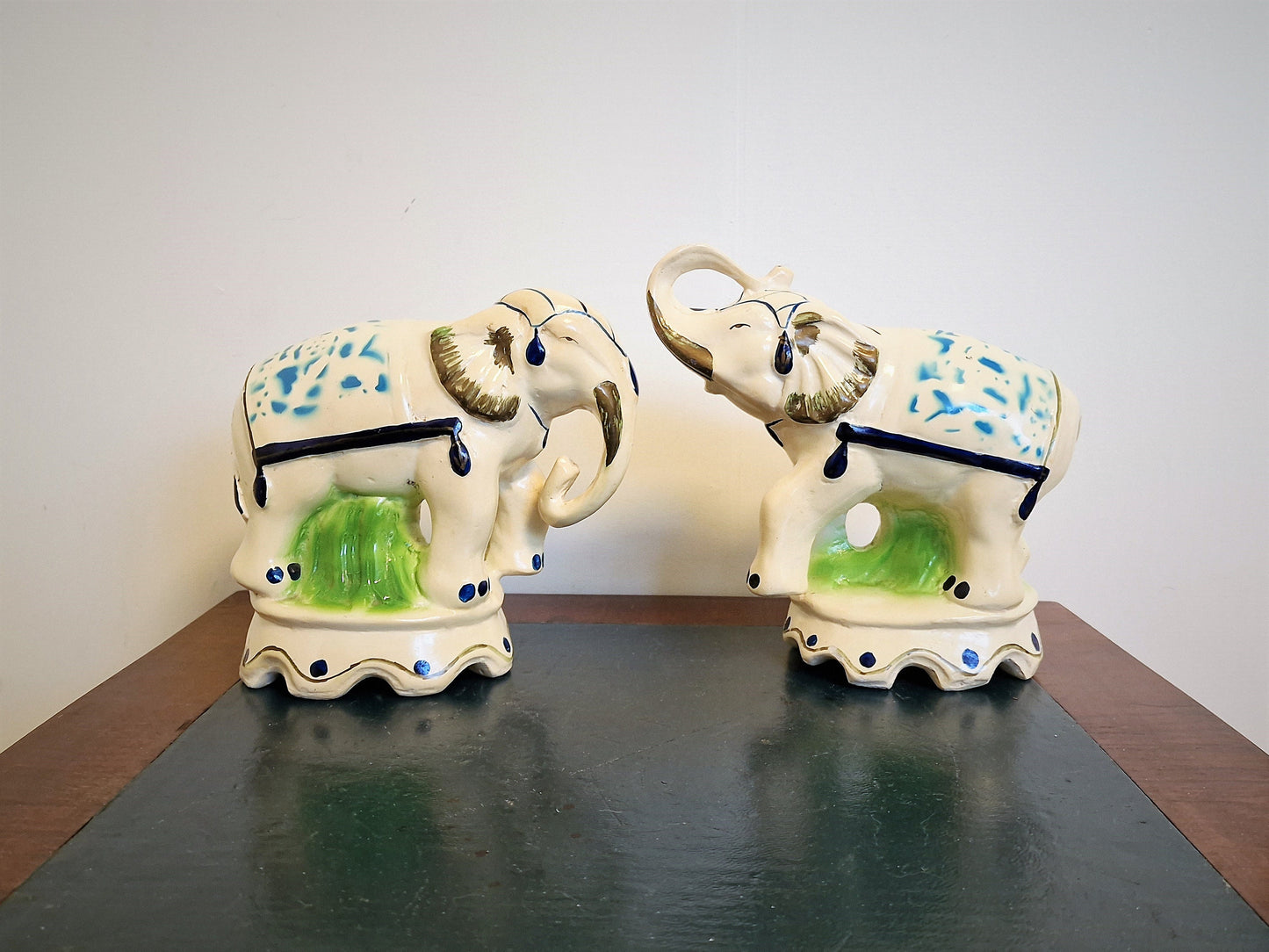 Antique Delft Handpainted Ceramic Elephant Figurines, Dutch Polychrome Pair