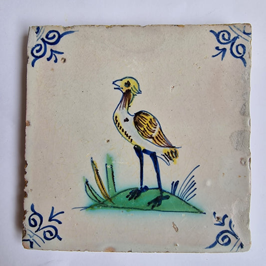 Antique Dutch Tile – Polychrome Bird, Ox Head Motifs (1625-1640)