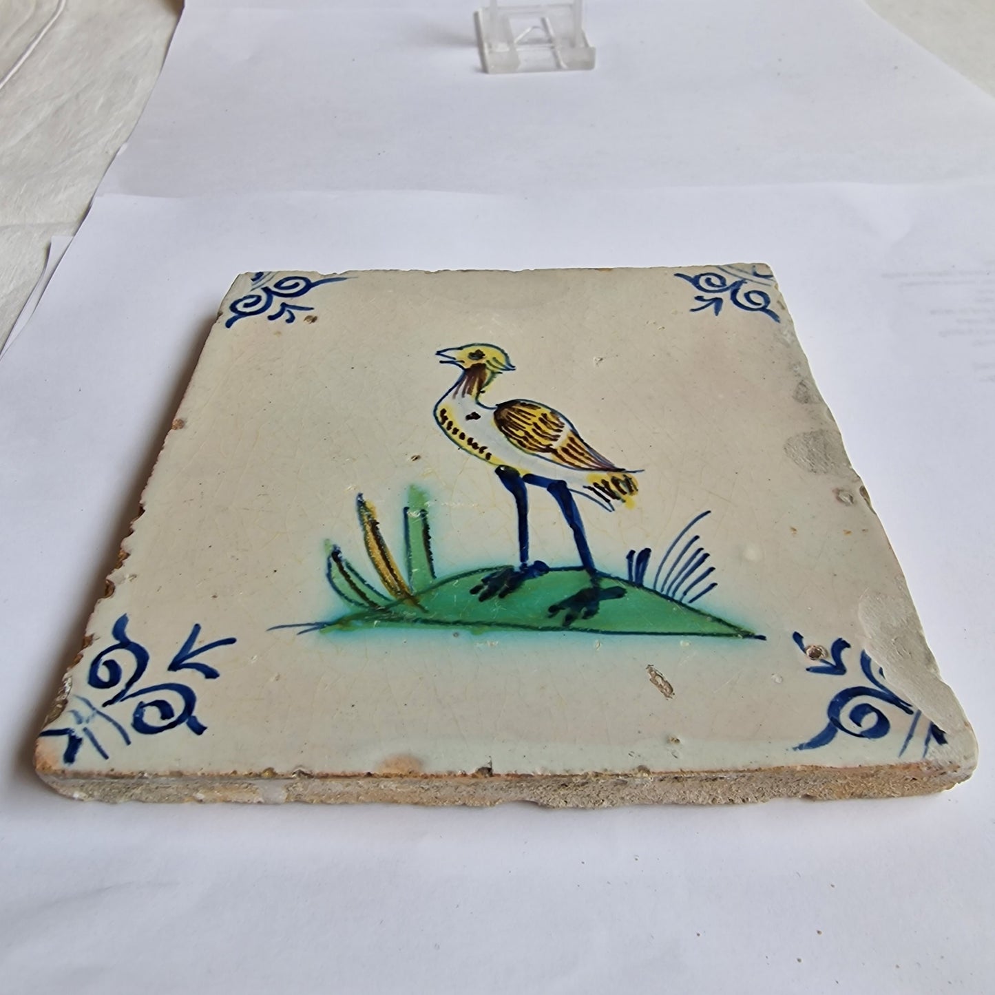 Antique Dutch Tile – Polychrome Bird, Ox Head Motifs (1625-1640)
