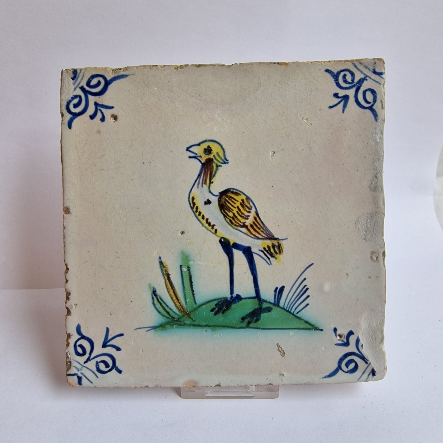 Antique Dutch Tile – Polychrome Bird, Ox Head Motifs (1625-1640)