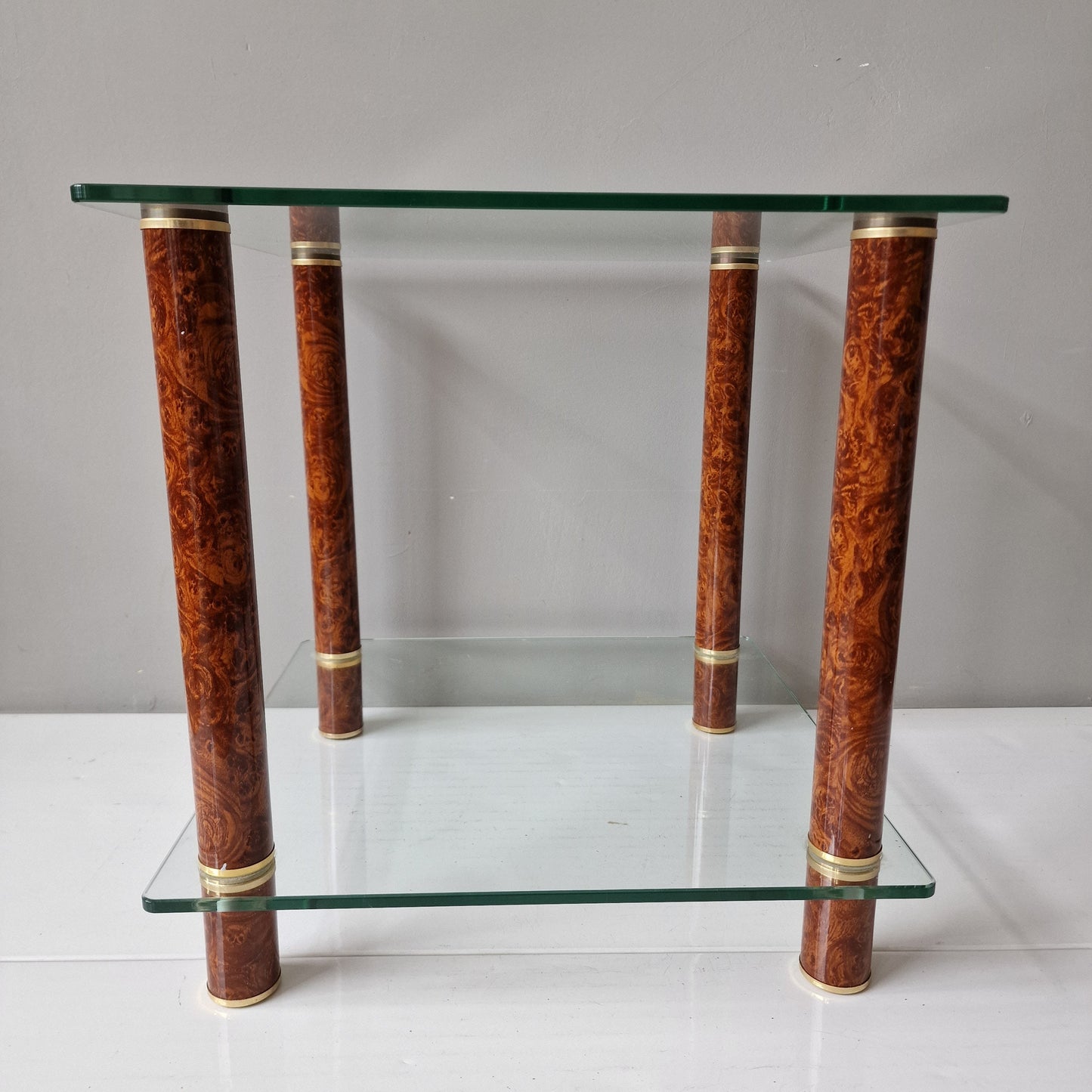 Italian Hollywood Regency Brass Side Table, Faux Tortoiseshell, Glass Top
