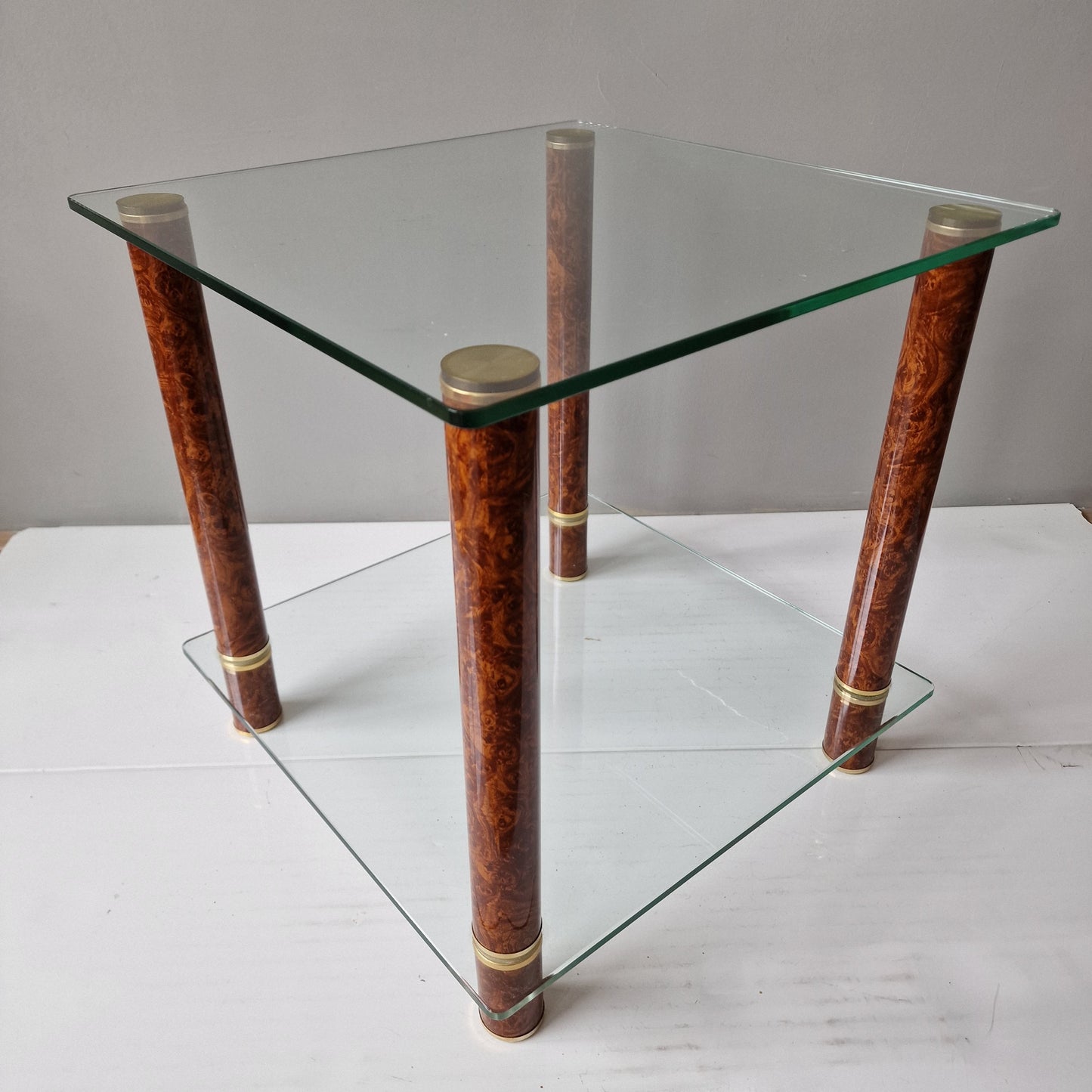 Italian Hollywood Regency Brass Side Table, Faux Tortoiseshell, Glass Top