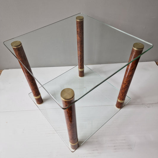 Italian Hollywood Regency Brass Side Table, Faux Tortoiseshell, Glass Top