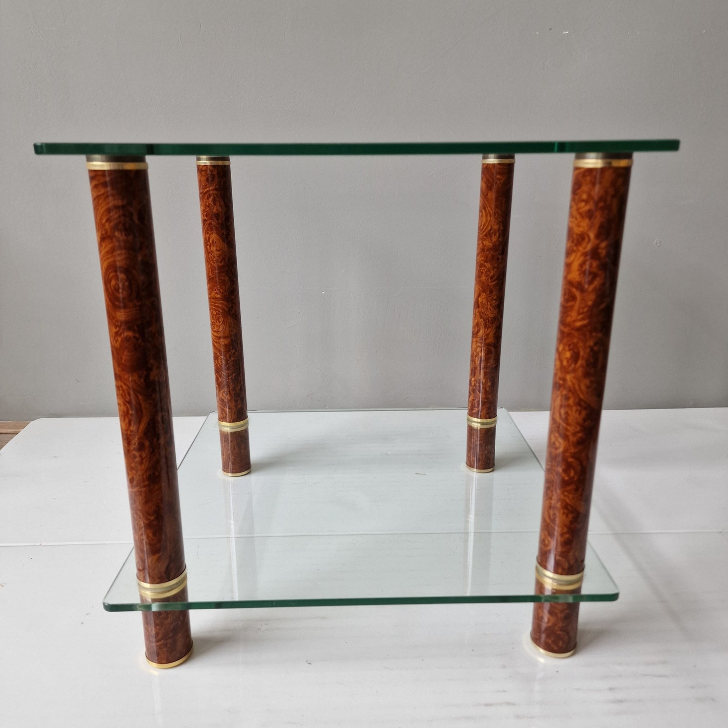 Italian Hollywood Regency Brass Side Table, Faux Tortoiseshell, Glass Top
